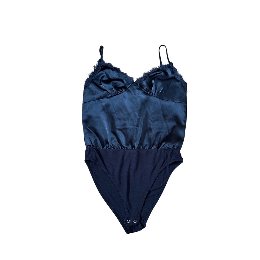 Forever 21 Bodysuit Women‎ Navy Blue Satin Lace Trim Cami SIZE Small